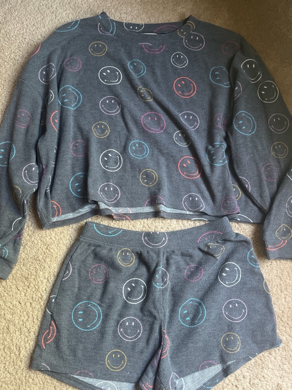 American Eagle Outfitters Gray Pajama Set with Multicolor Smiley Faces
